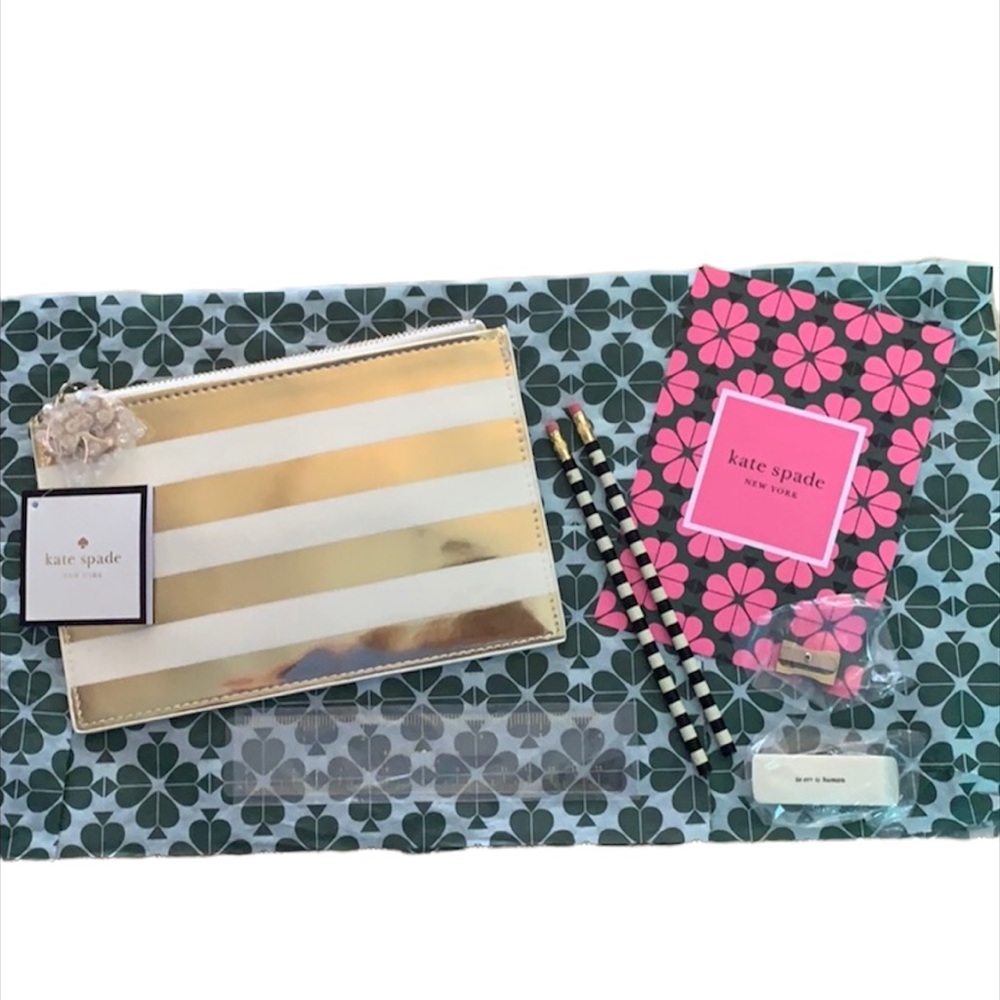 Kate Spade Gold Stripe 6 Piece Pencil Pouch / Case Set.